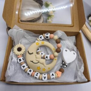 Coffret naissance personnalisé lune beige fleurie tout silicone