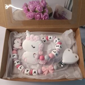 Coffret naissance personnalisés licorne - attache tétine + anneau de dentition - cadeau future parent-babyshower-accessoires bébé- Babybou-Crea