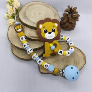 Attache tetine + anneau de dentition LION - lot personnalises - cadeau naissance-futur parent-babyshower-cadeau bebe- prenom personnalises - maman bebe Babybou-Créa