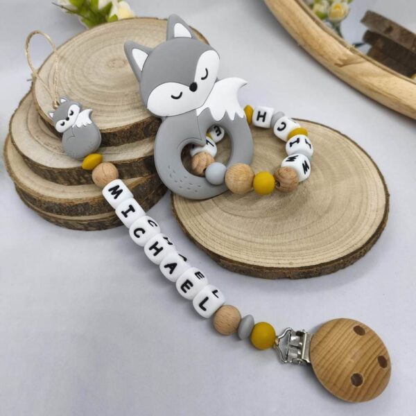 Attache tétine + Anneau de dentition renard en silicone et bois – Image 3