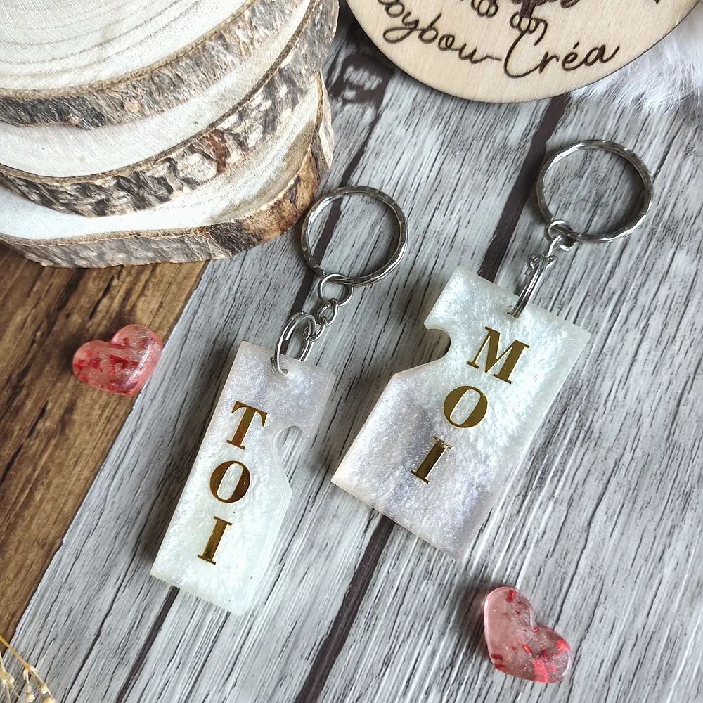 Porte-clé rectangulaire double Toi et Moi en résine époxy fait main - babybou-crea