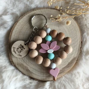 porte-cle-fleur-bois- coloris vieux rose turquoise - silicone-creation-artisanale-accessoires-sac-femme-cadeau-unique-fetes-des-mere-maman-fait-mains-babybou-crea