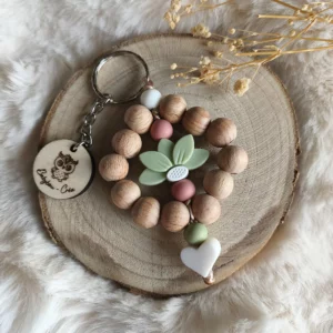 porte-cle-fleur-bois-silicone-creation- coloris kaki rose tarracotta blanc- artisanale-accessoires-sac-femme-cadeau-unique-fetes-des-mere-maman-fait-mains-babybou-crea_